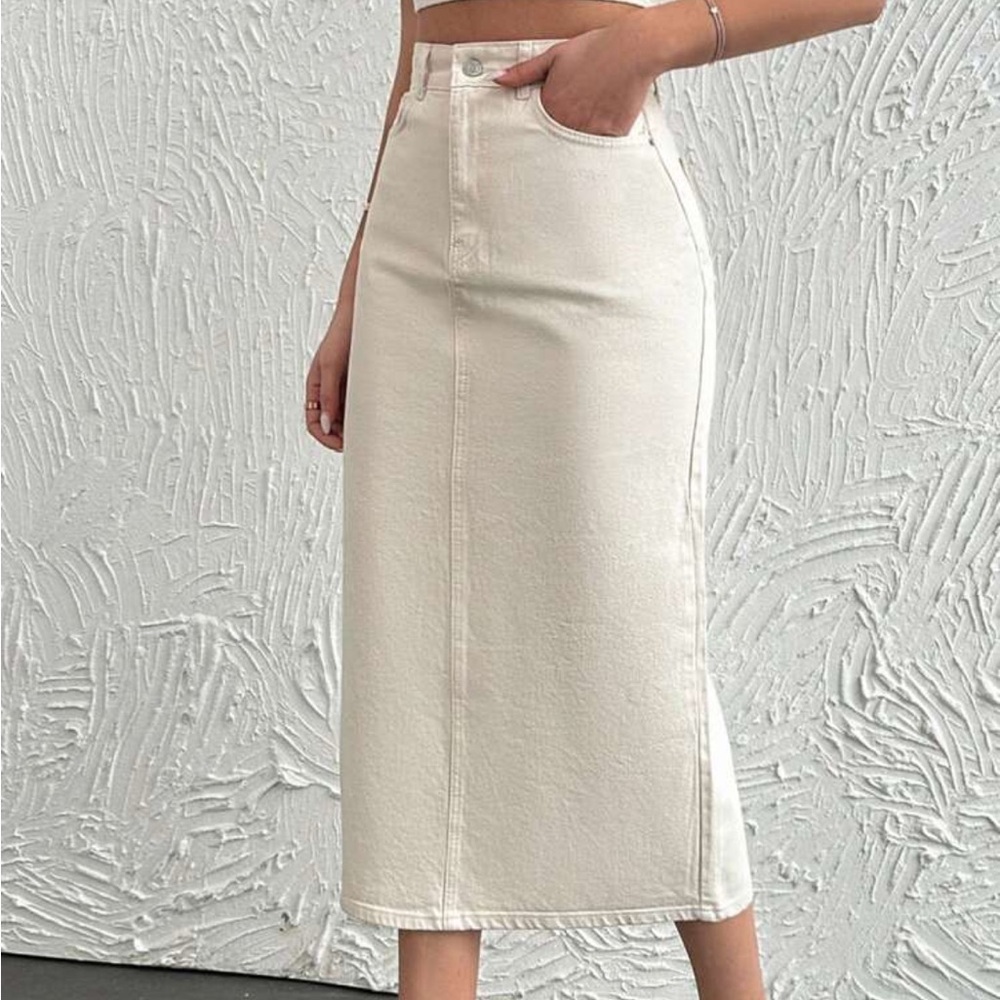 Cream White Denim Midi Skirt